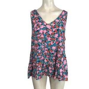 LOFT Floral V Neck Ruffle Hem Sleeveless Tank Top Women Size L